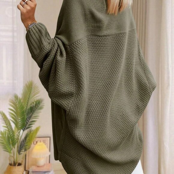 Army Green Casual Women's Oversized Open Front Batwing Sleeve Sweater Cardigan - Picture 3 of 3